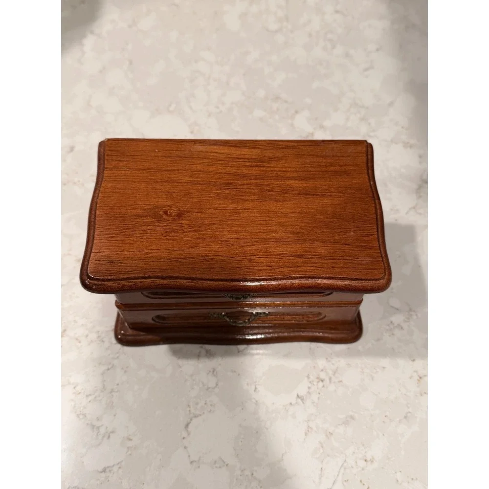 Small Wooden Jewelry Box with Drawer and Ring Inserts Warm Brown Finish Vintage